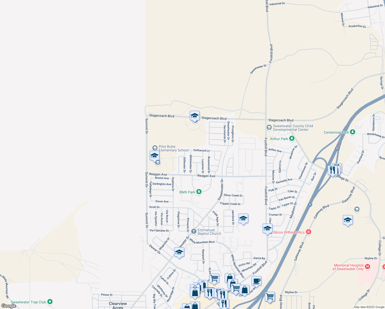 map of restaurants, bars, coffee shops, grocery stores, and more near 1103 Whitewater Dr in Rock Springs