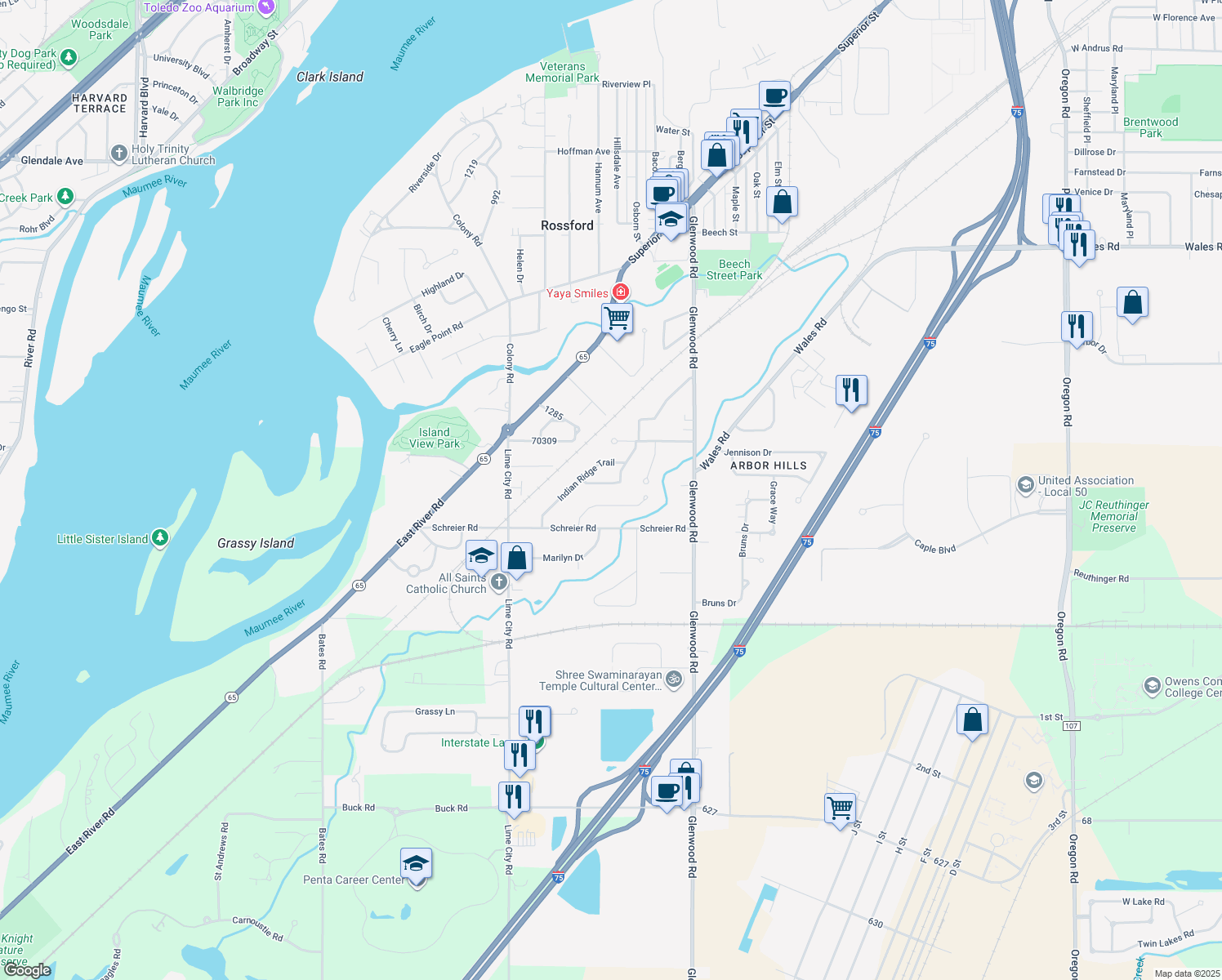 map of restaurants, bars, coffee shops, grocery stores, and more near 531 Sioux Trail in Rossford