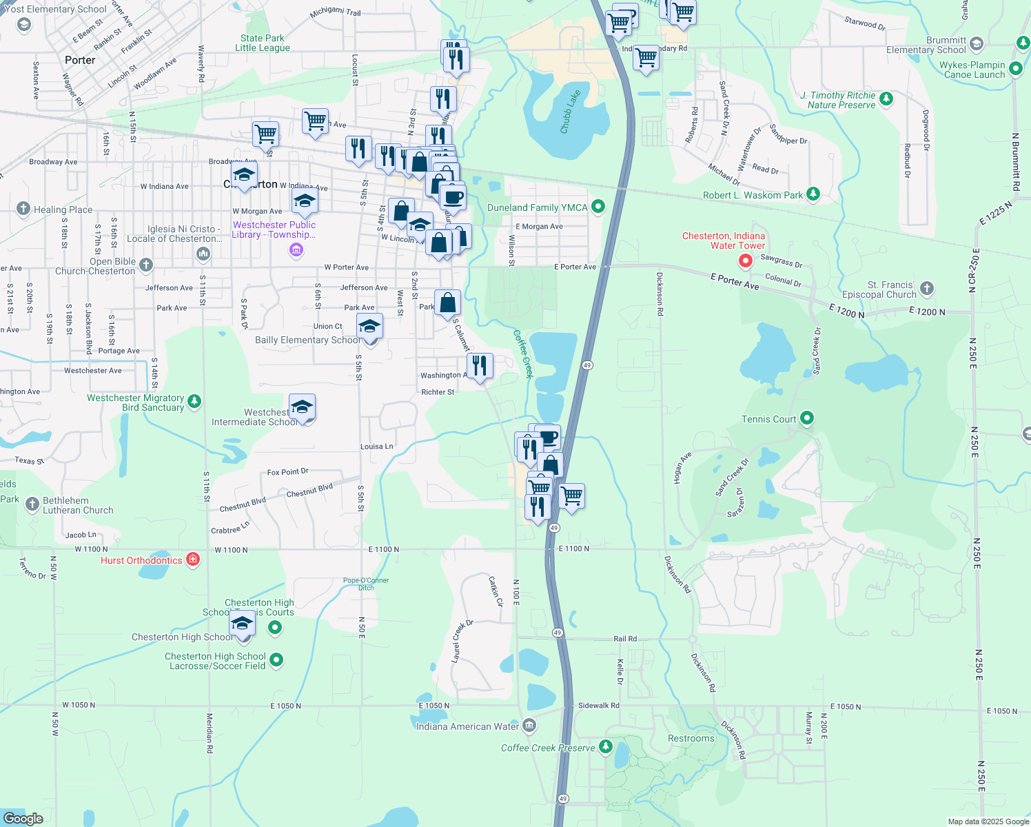 map of restaurants, bars, coffee shops, grocery stores, and more near 120 Abbey Lane in Chesterton