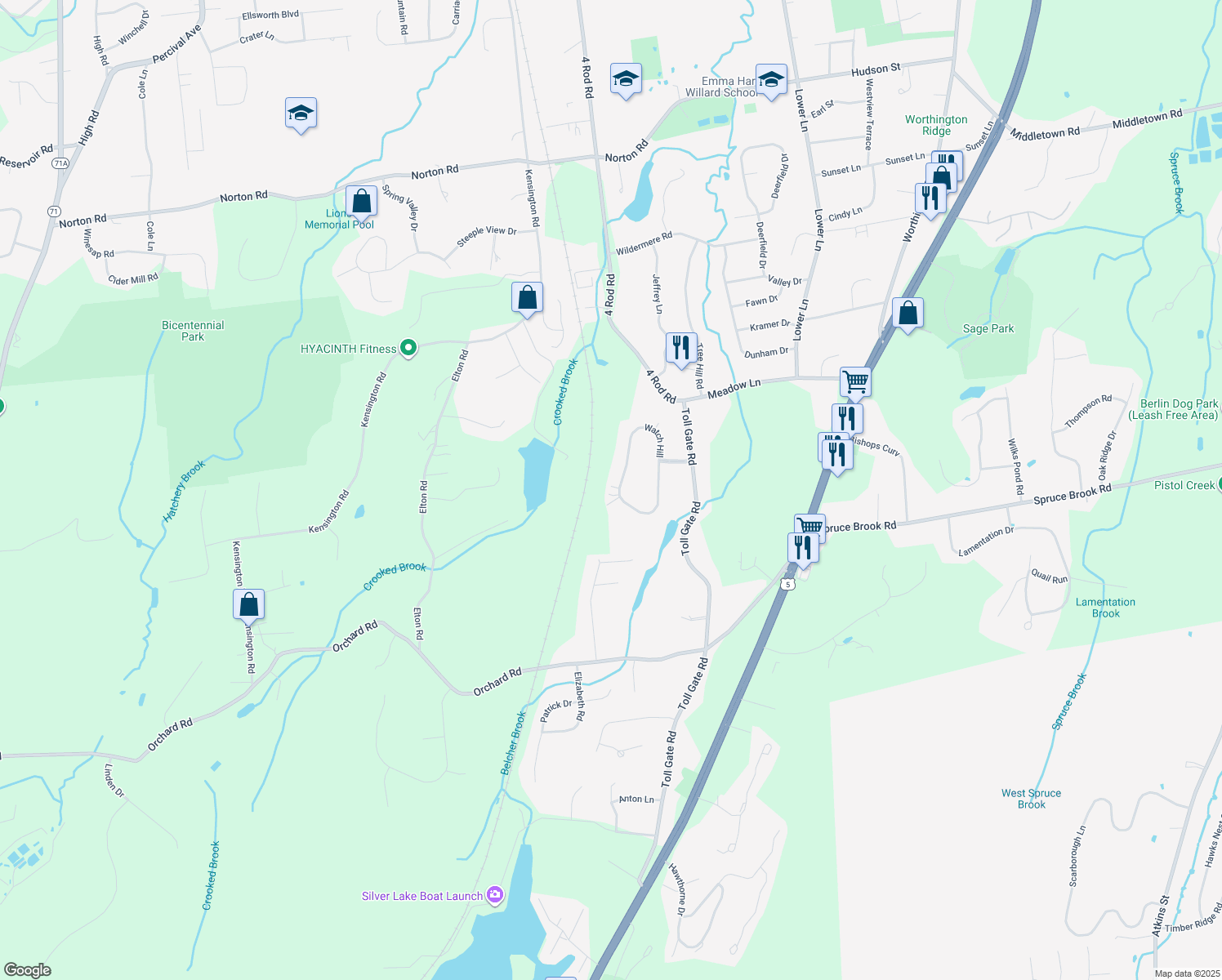 map of restaurants, bars, coffee shops, grocery stores, and more near 168 Watch Hill in Berlin