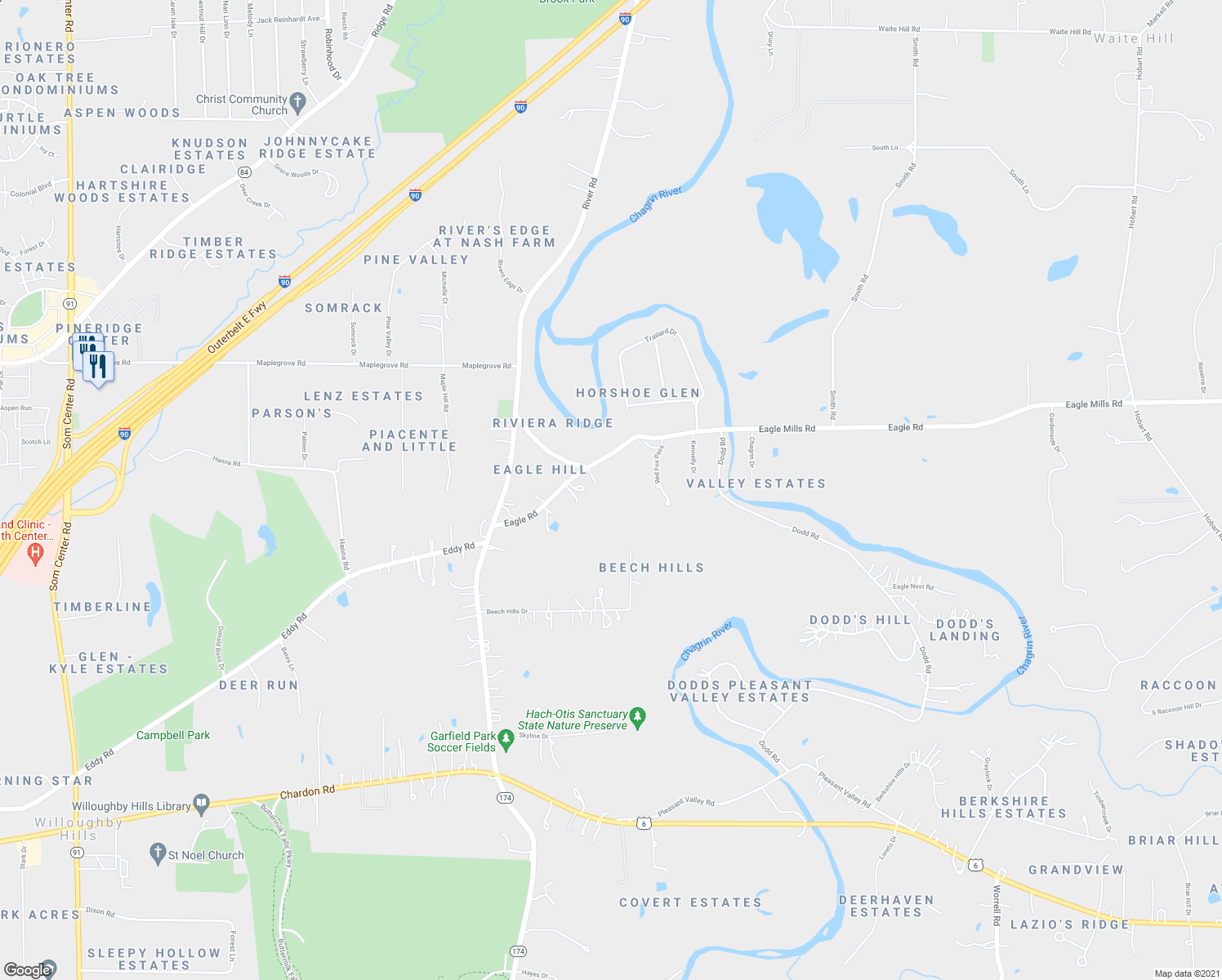 map of restaurants, bars, coffee shops, grocery stores, and more near 37130 Eagle Road in Willoughby Hills