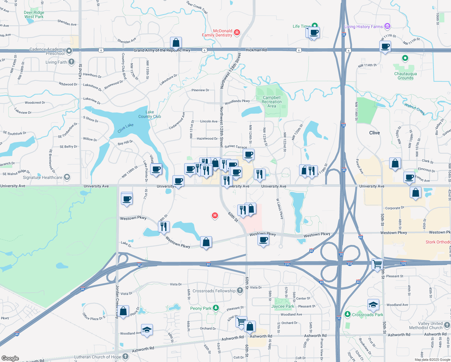 map of restaurants, bars, coffee shops, grocery stores, and more near 12753 University Avenue in Clive