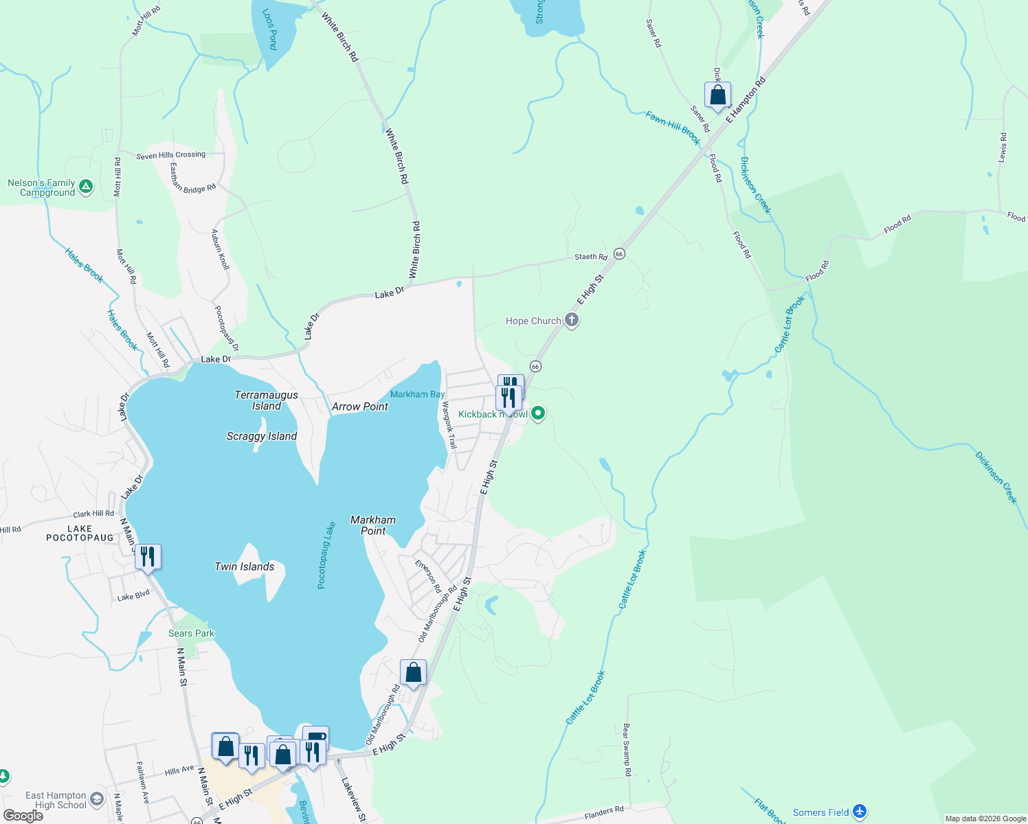 map of restaurants, bars, coffee shops, grocery stores, and more near 244 E High St in East Hampton