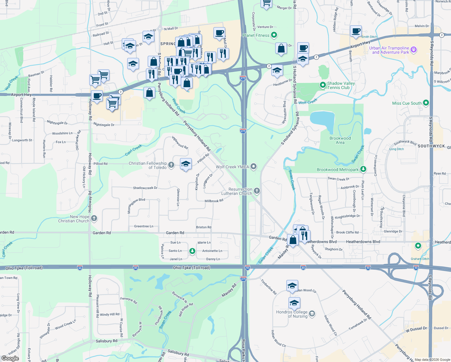 map of restaurants, bars, coffee shops, grocery stores, and more near 6366 Nassau Ct in Maumee
