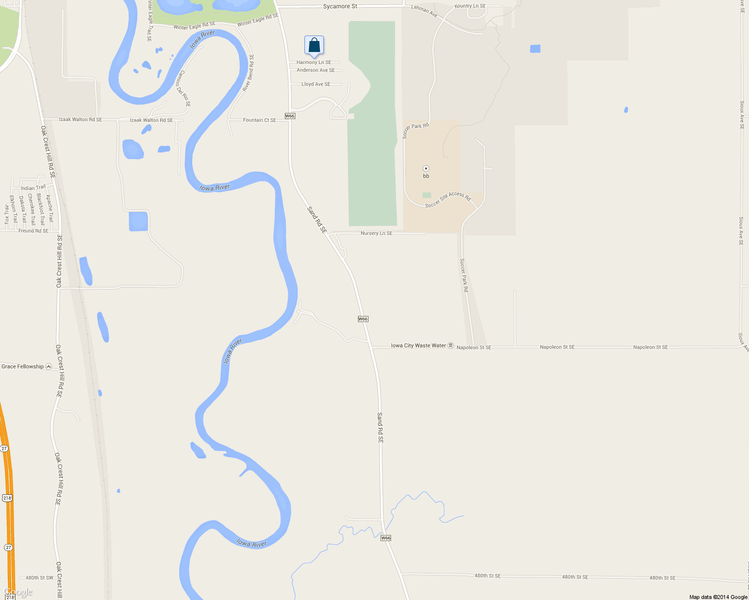 map of restaurants, bars, coffee shops, grocery stores, and more near 4552 Sand Road Southeast in Iowa City