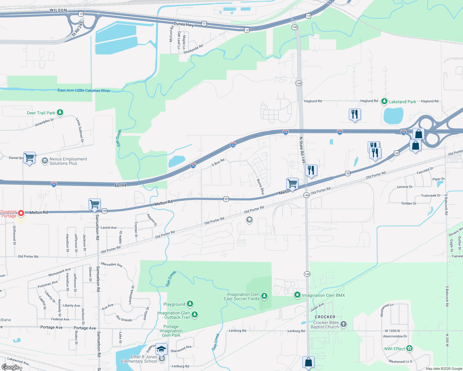 map of restaurants, bars, coffee shops, grocery stores, and more near 1101 Carol Street in Burns Harbor