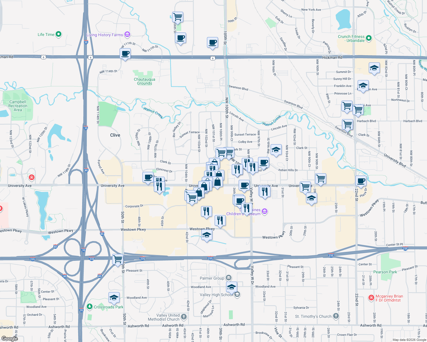 map of restaurants, bars, coffee shops, grocery stores, and more near 10201 University Avenue in Clive