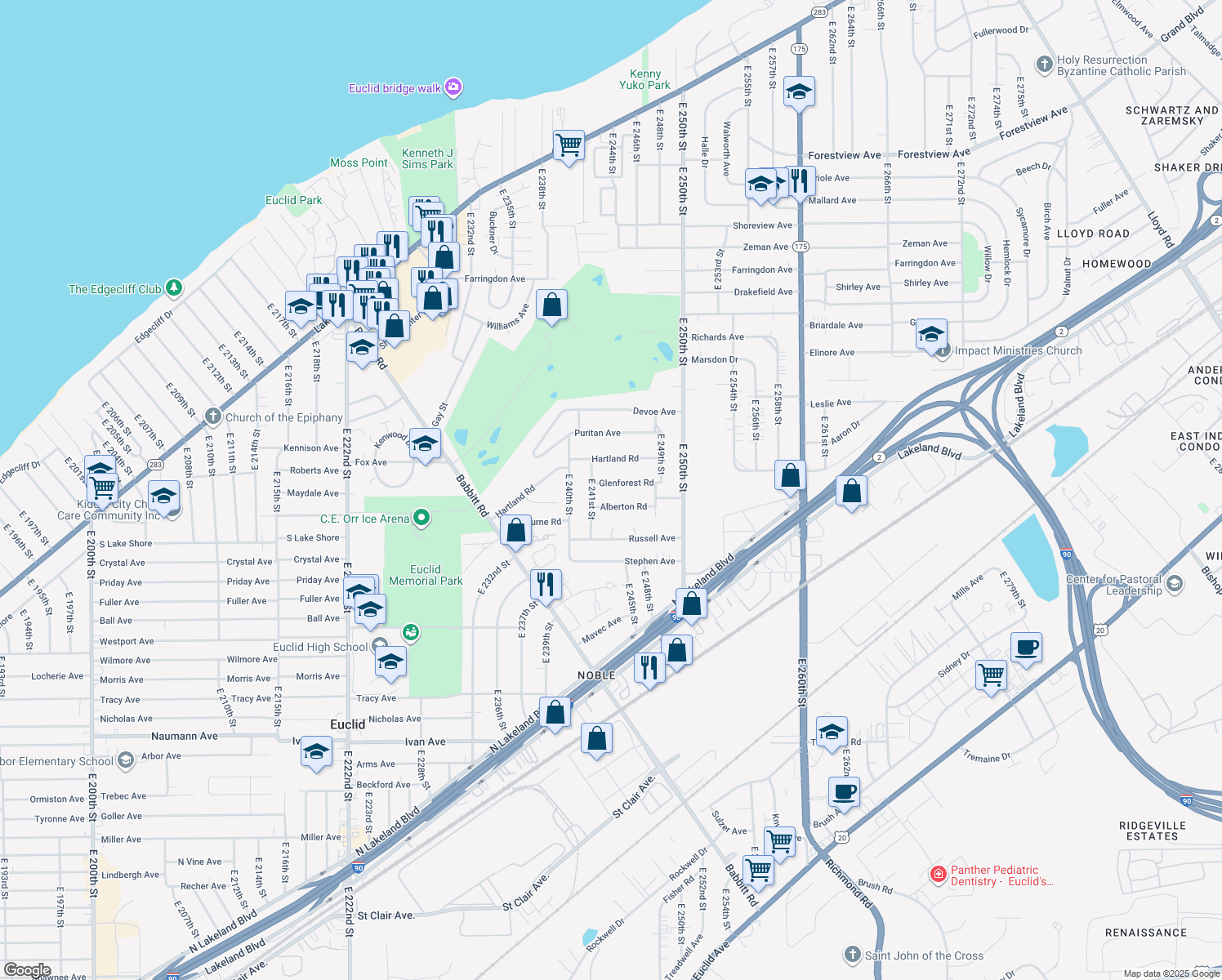 map of restaurants, bars, coffee shops, grocery stores, and more near 24270 Glenforest Rd in Euclid
