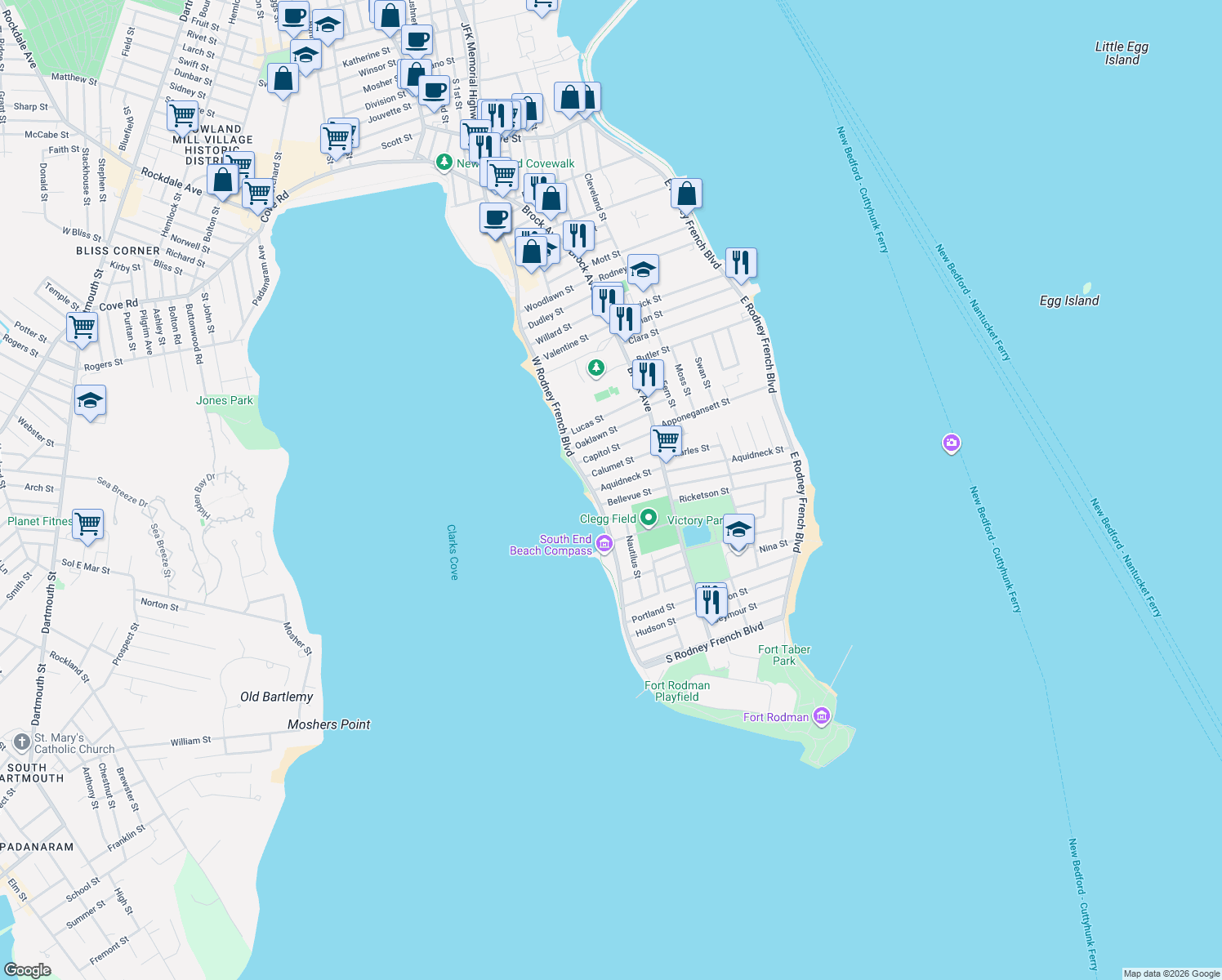map of restaurants, bars, coffee shops, grocery stores, and more near 270 Aquidneck Street in New Bedford
