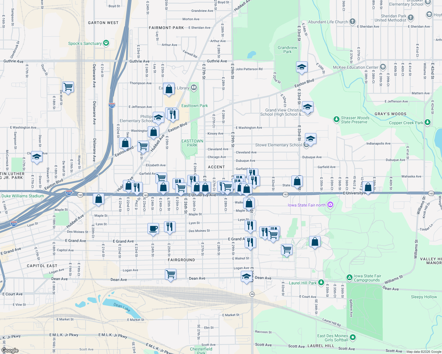 map of restaurants, bars, coffee shops, grocery stores, and more near 1246 East 28th Street in Des Moines