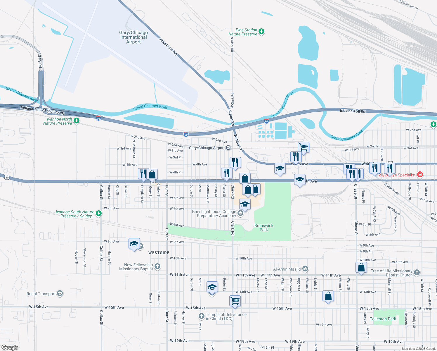 map of restaurants, bars, coffee shops, grocery stores, and more near 463 Hovey Street in Gary