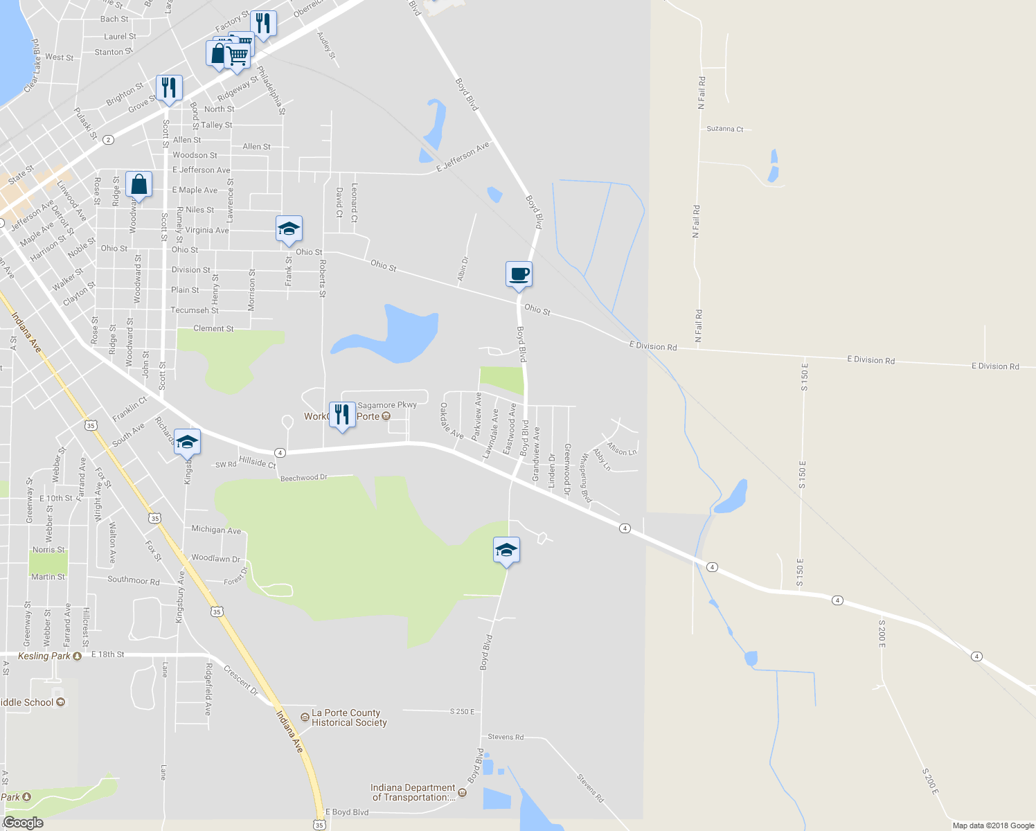 map of restaurants, bars, coffee shops, grocery stores, and more near 121 Eastwood Avenue in La Porte