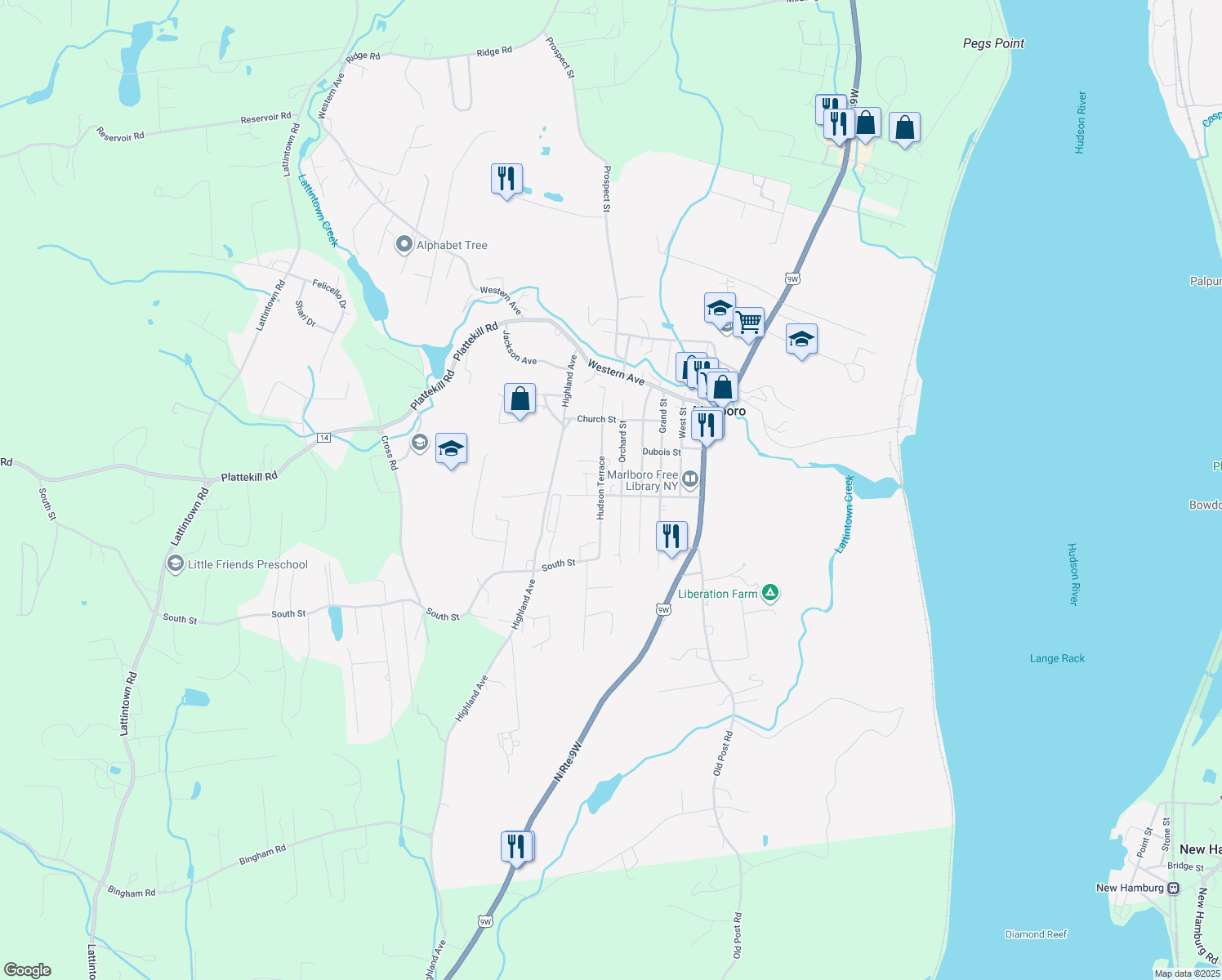 map of restaurants, bars, coffee shops, grocery stores, and more near 39 Bloom St in Marlboro