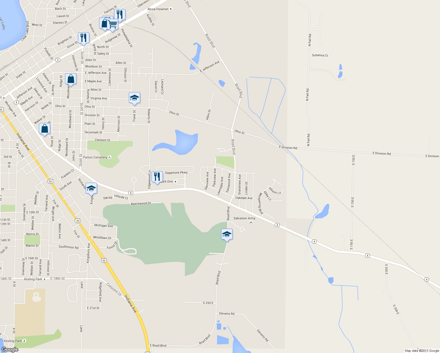 map of restaurants, bars, coffee shops, grocery stores, and more near 218 Lawndale Avenue in La Porte