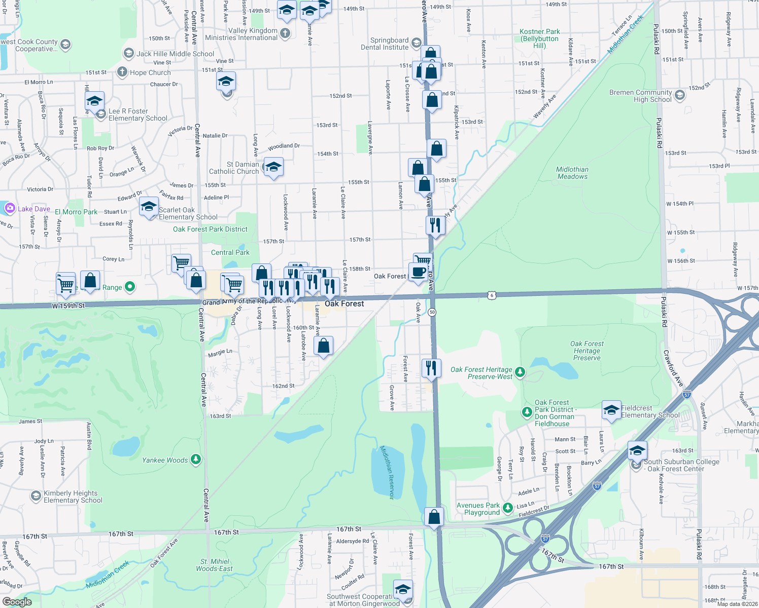 map of restaurants, bars, coffee shops, grocery stores, and more near 4959 159th Street in Oak Forest