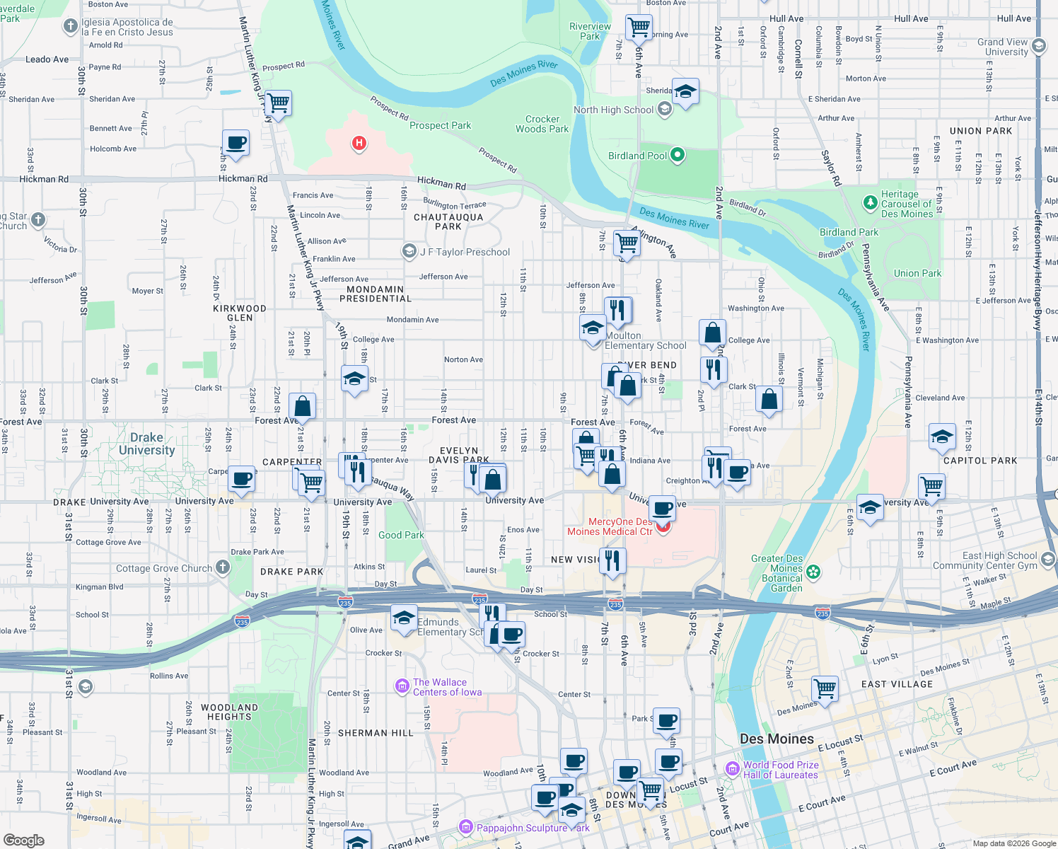 map of restaurants, bars, coffee shops, grocery stores, and more near 1016 Forest Ave in Des Moines