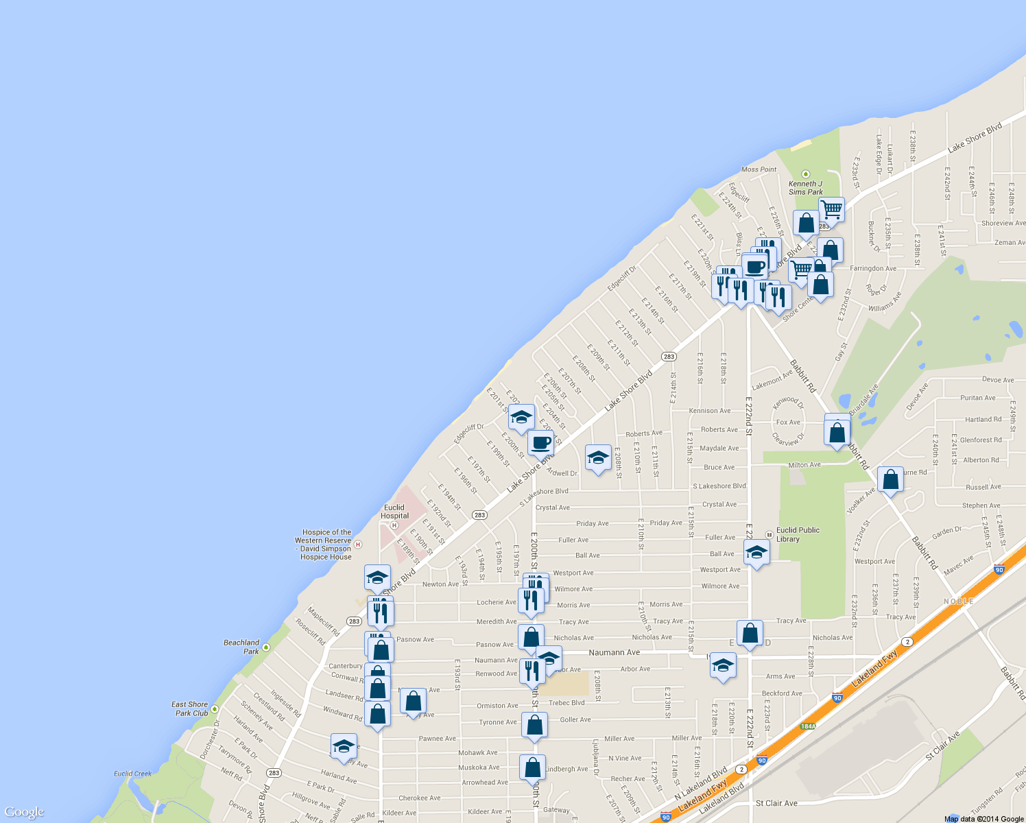 map of restaurants, bars, coffee shops, grocery stores, and more near 81 East 201st Street in Euclid