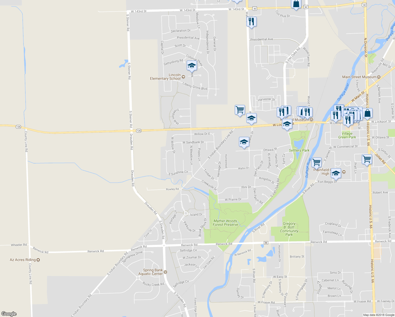 map of restaurants, bars, coffee shops, grocery stores, and more near 15244 Poppy Lane in Plainfield