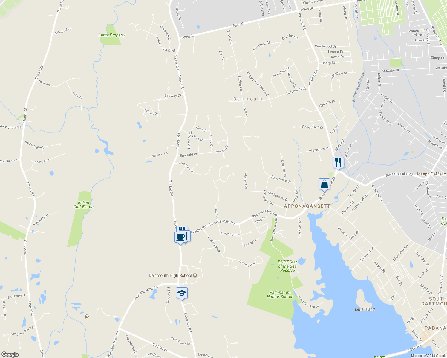 map of restaurants, bars, coffee shops, grocery stores, and more near 3 Glenn Drive in Dartmouth