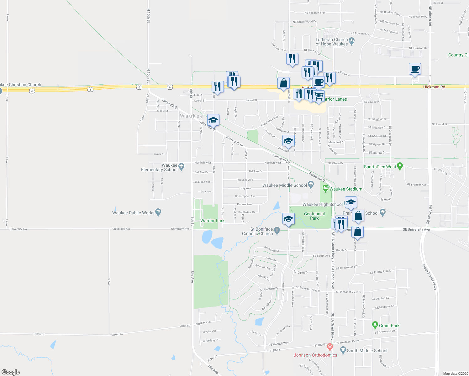 map of restaurants, bars, coffee shops, grocery stores, and more near 265 Gray Avenue in Waukee