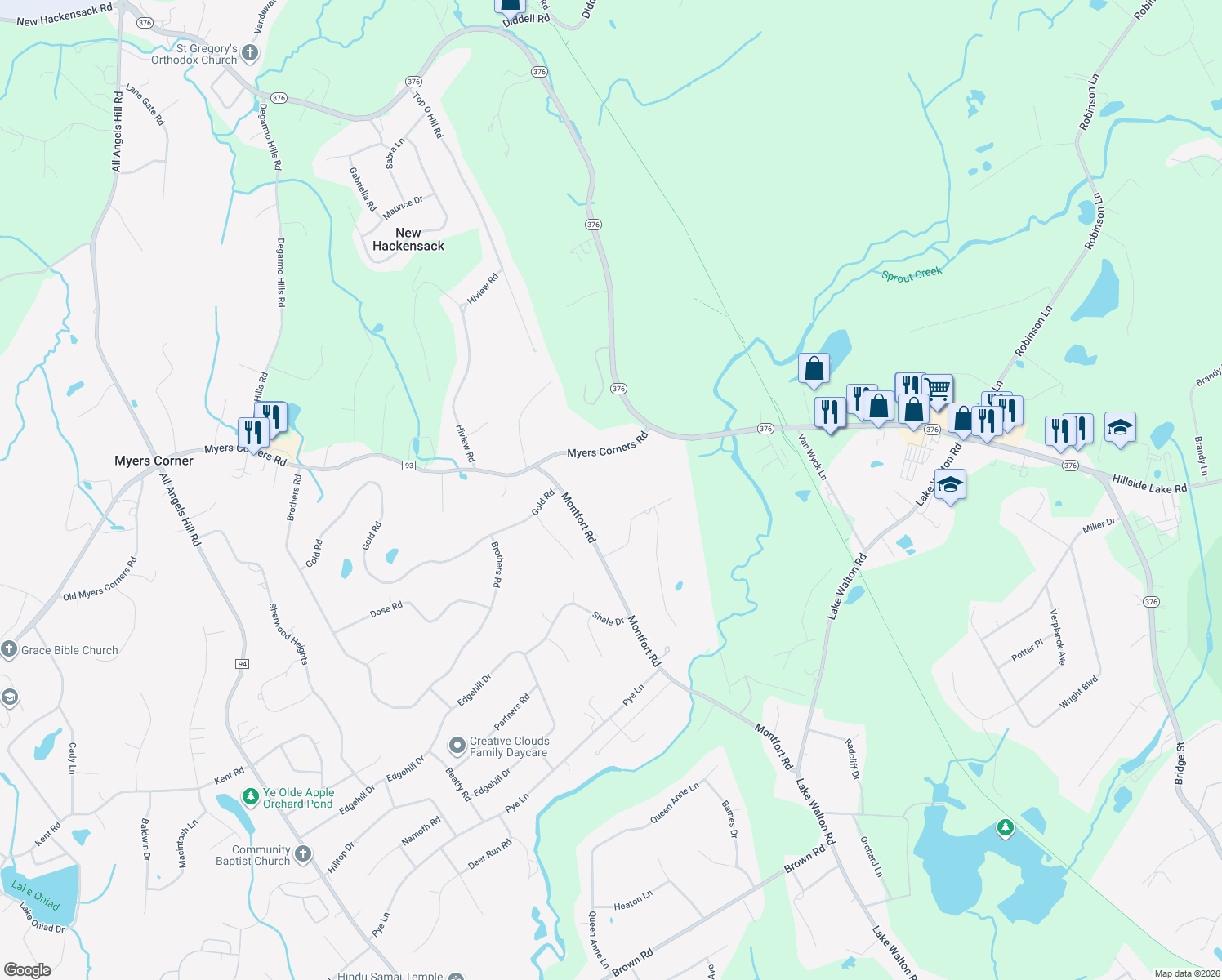map of restaurants, bars, coffee shops, grocery stores, and more near 316 Myers Corners Road in Wappingers Falls