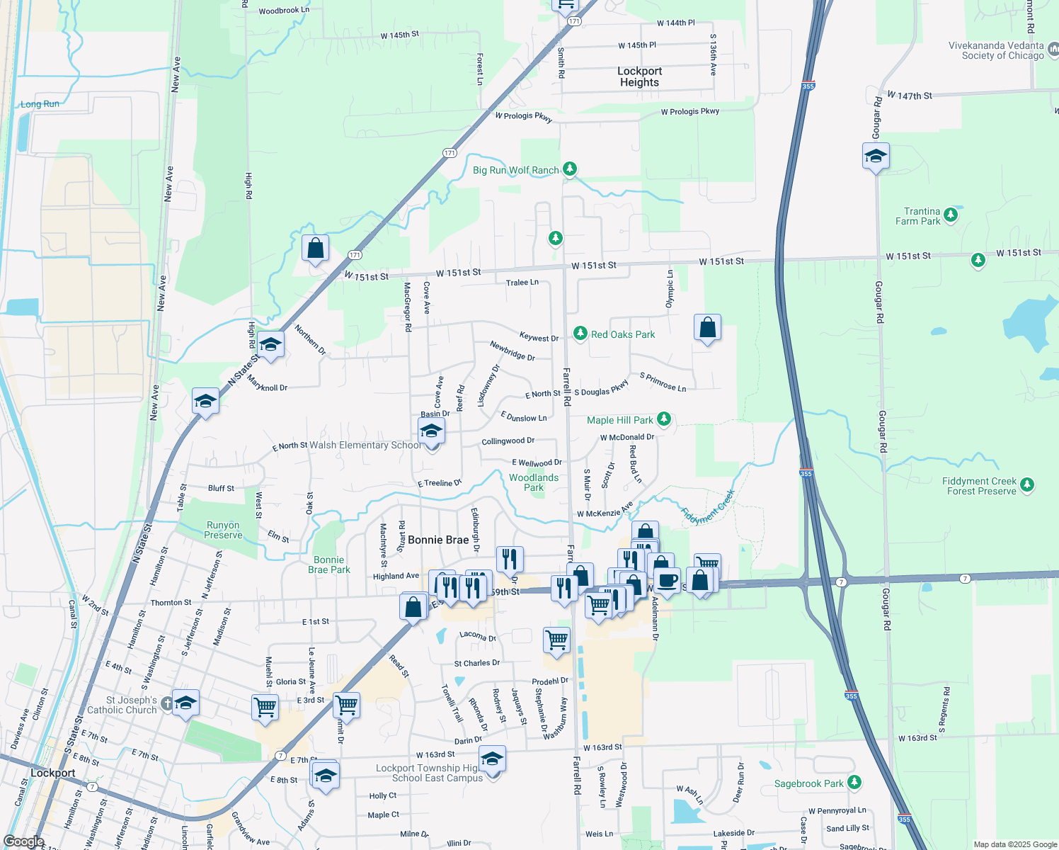 map of restaurants, bars, coffee shops, grocery stores, and more near 1335 East Dunslow Lane in Lockport