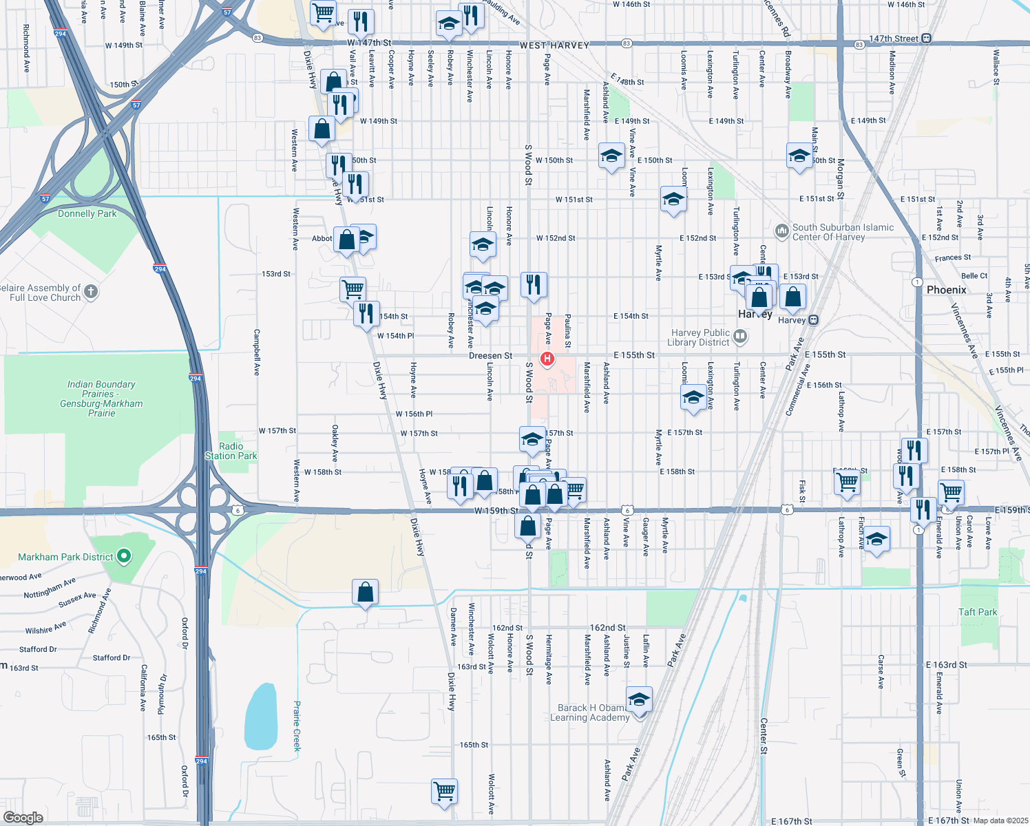 map of restaurants, bars, coffee shops, grocery stores, and more near 15617 Lincoln Avenue in Harvey