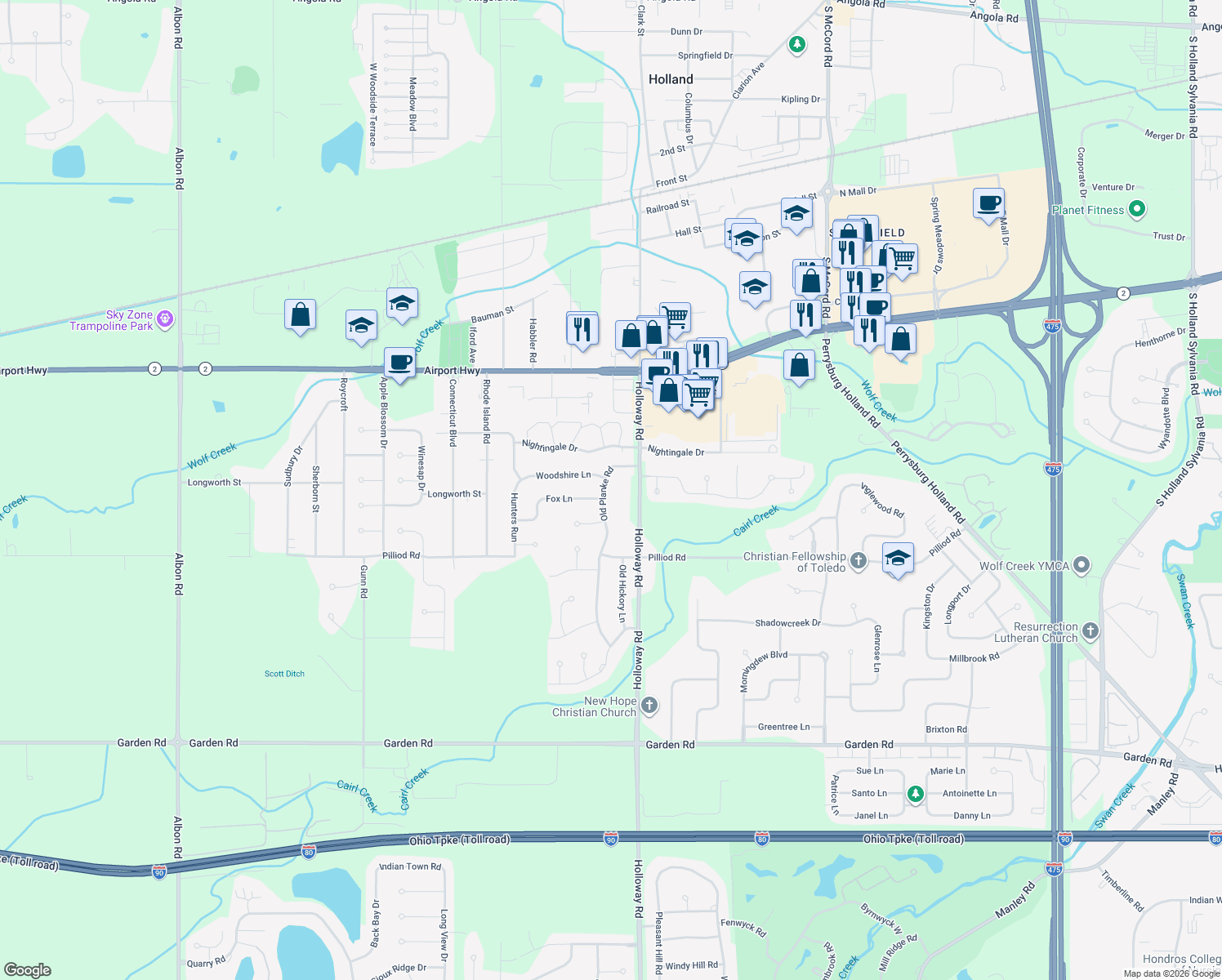 map of restaurants, bars, coffee shops, grocery stores, and more near 1937 Old Planke Rd in Holland