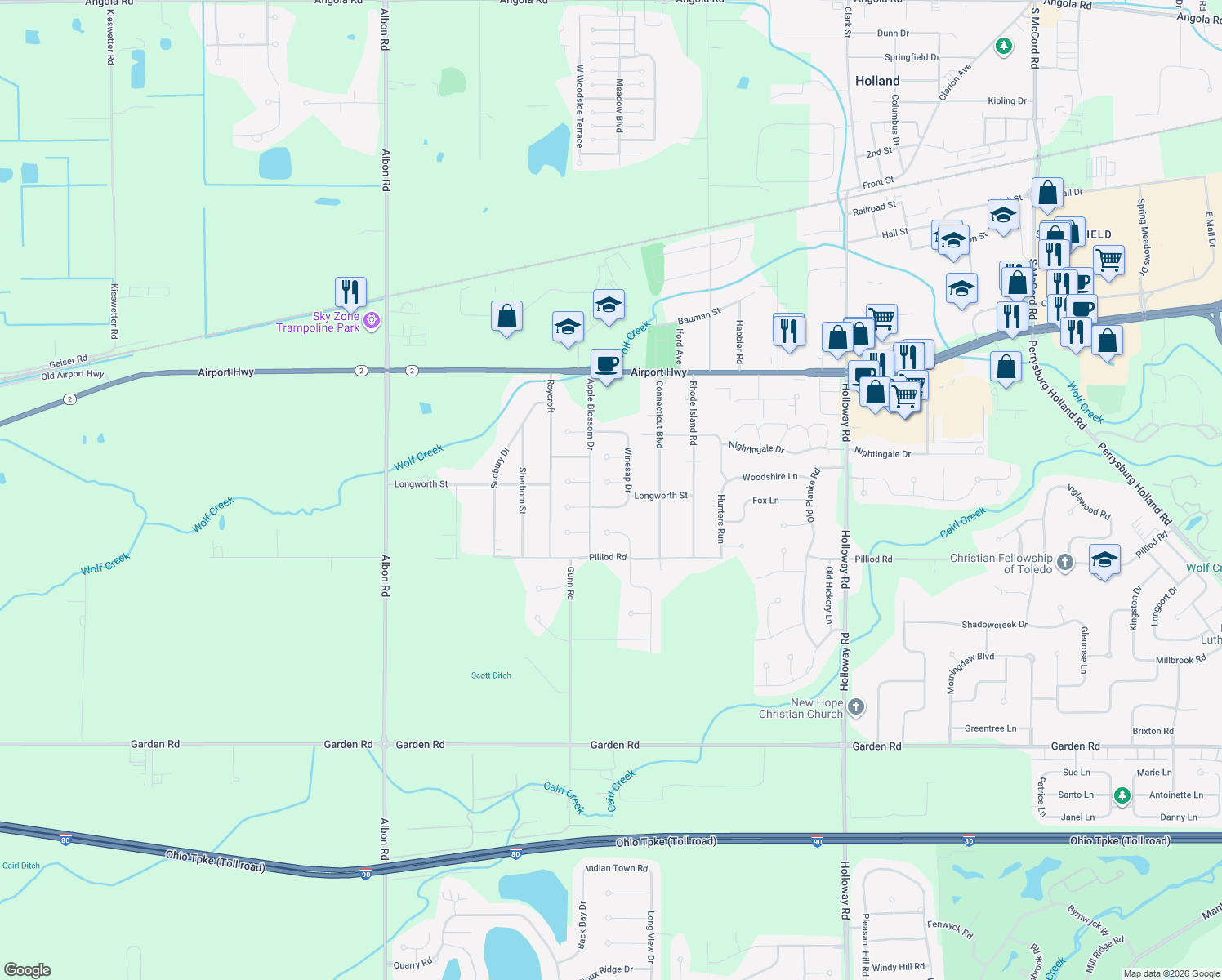map of restaurants, bars, coffee shops, grocery stores, and more near 7707 Cortland Ct in Holland