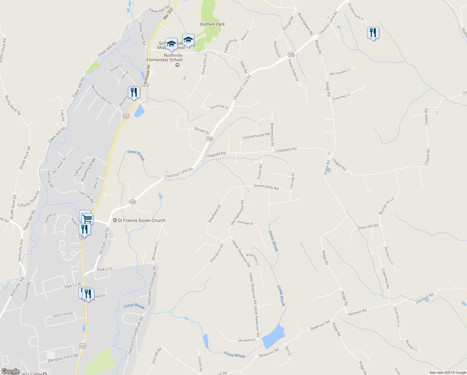 map of restaurants, bars, coffee shops, grocery stores, and more near 22 Stephanie Drive in New Milford