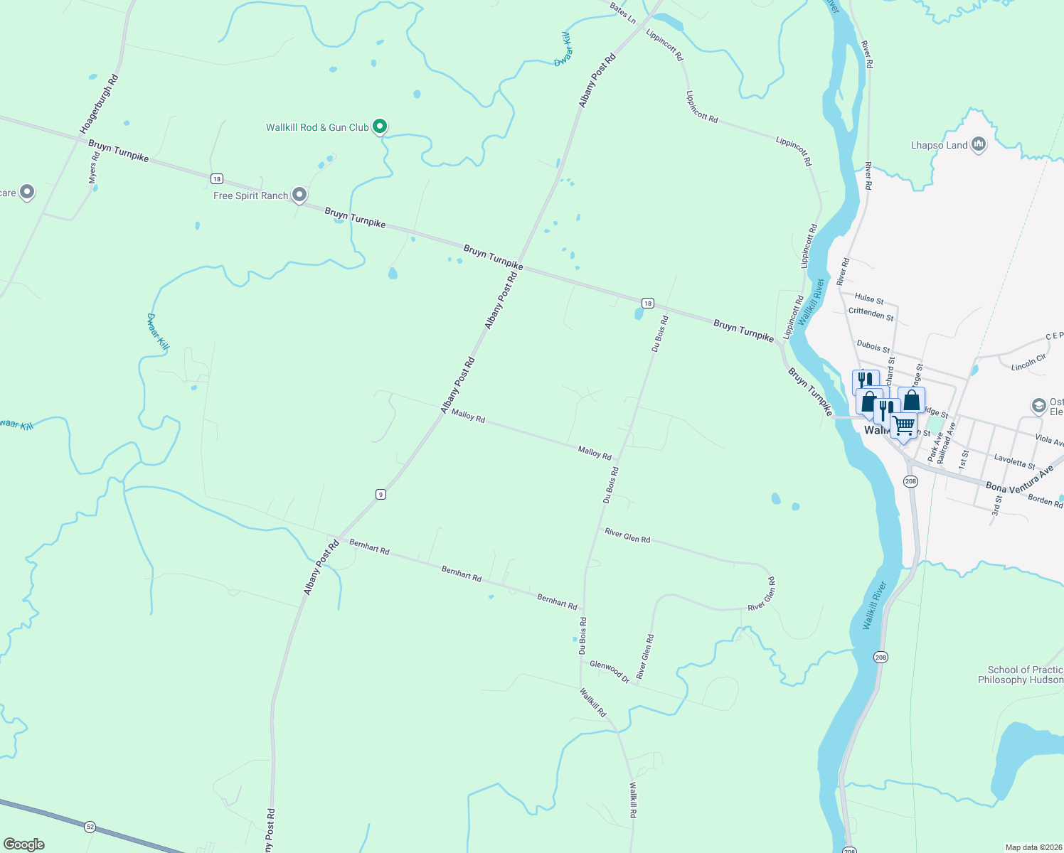 map of restaurants, bars, coffee shops, grocery stores, and more near 46 Malloy Rd in Wallkill