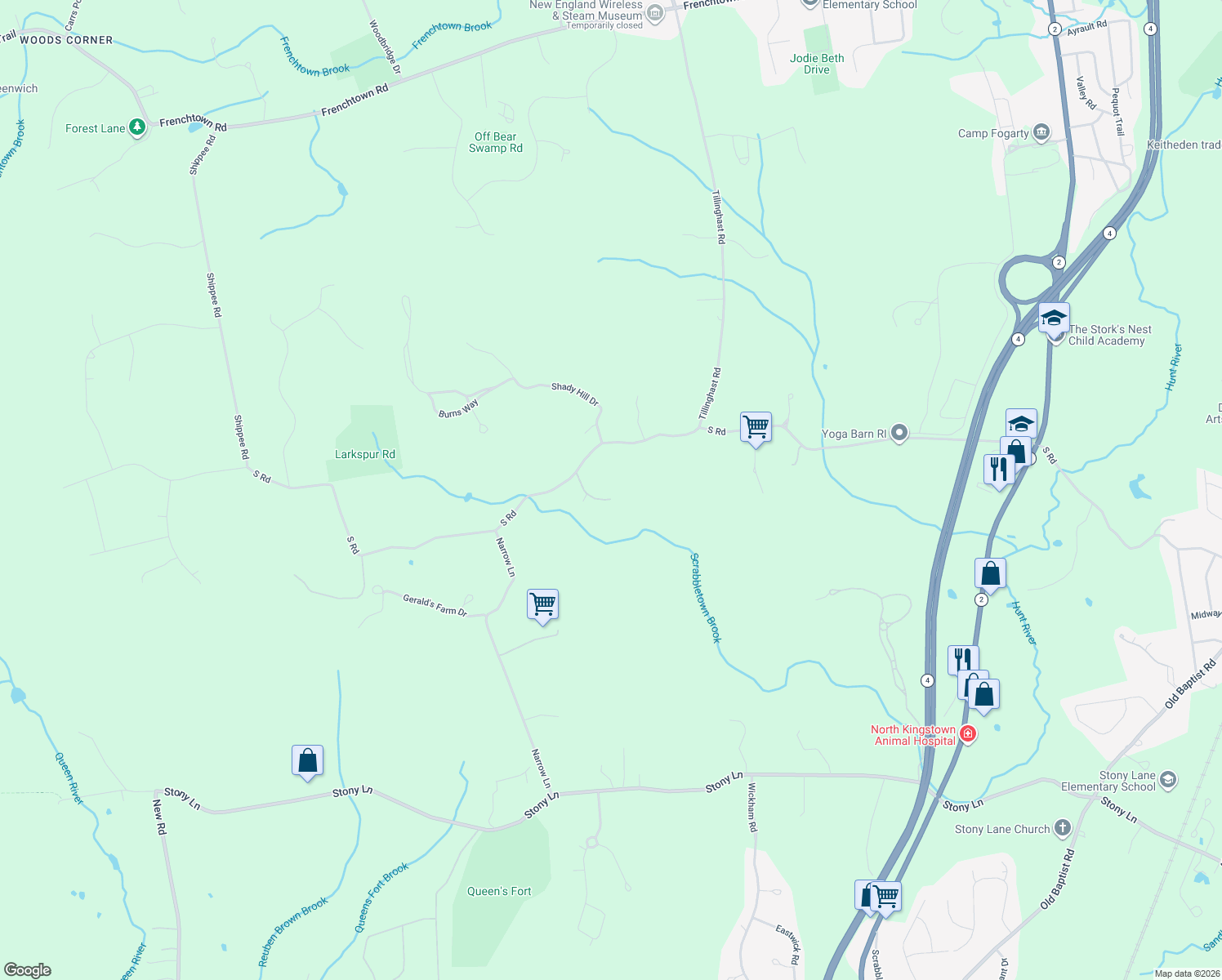 map of restaurants, bars, coffee shops, grocery stores, and more near 30 Oakbrook Ct in East Greenwich