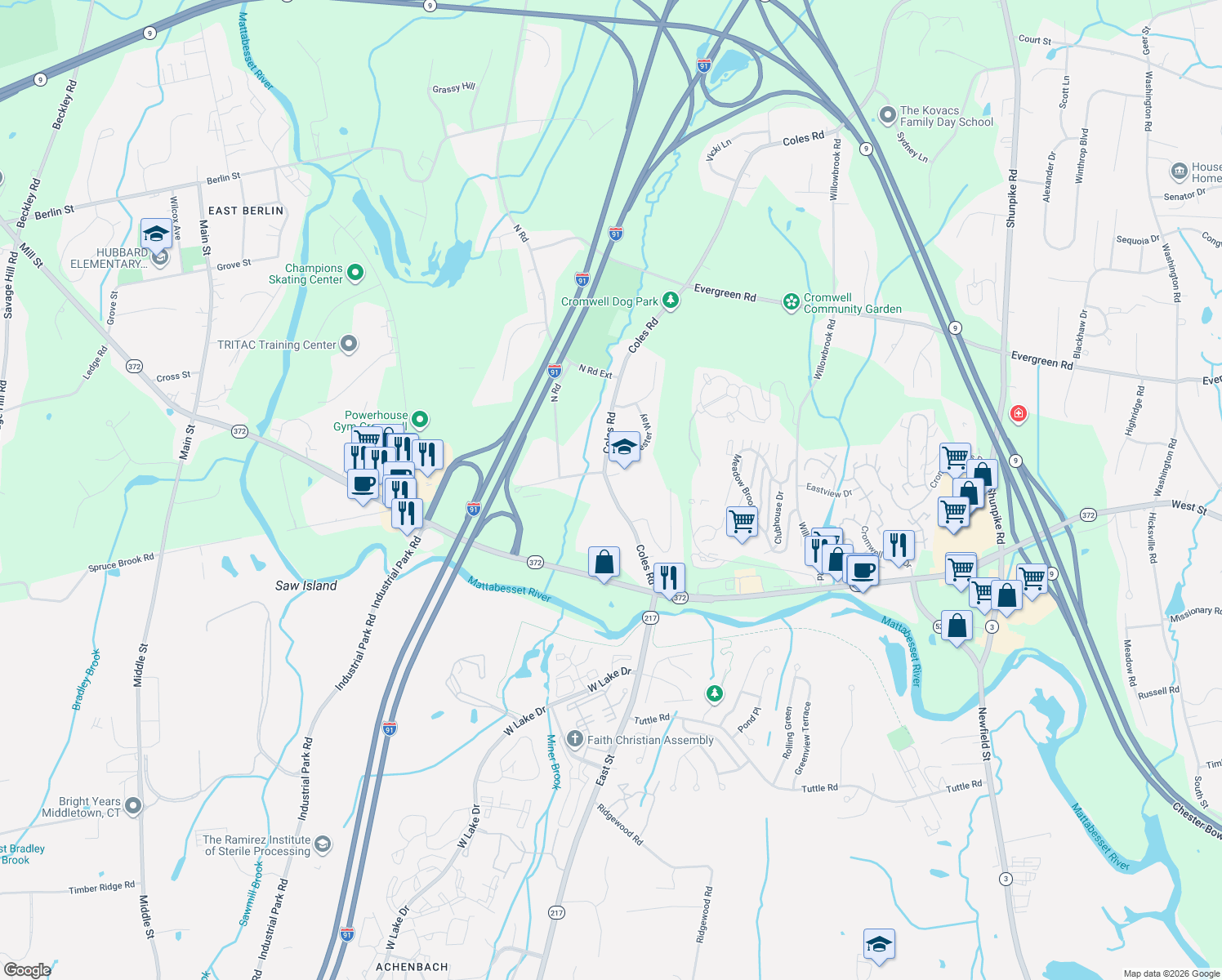 map of restaurants, bars, coffee shops, grocery stores, and more near 28 Coles Road in Cromwell
