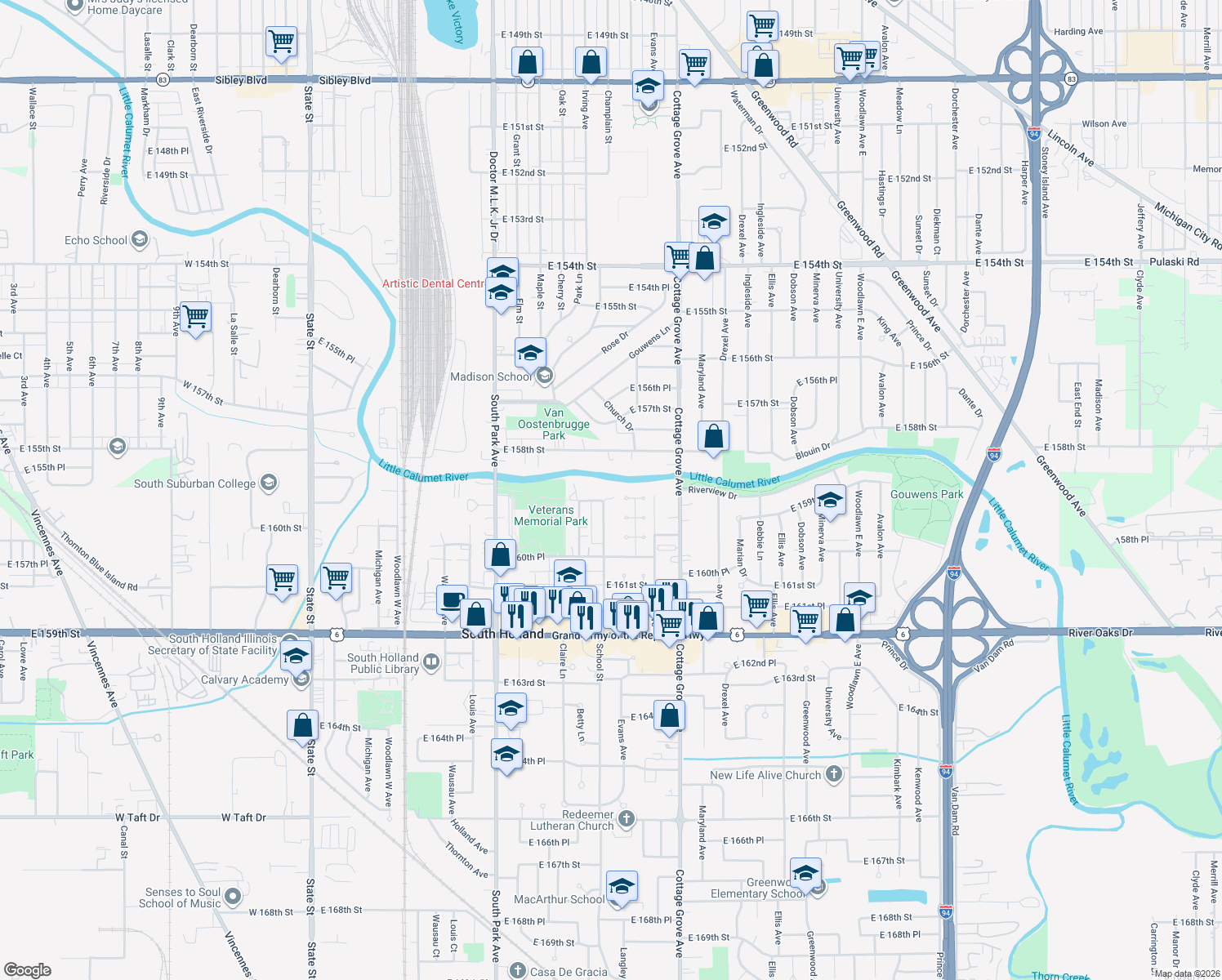 map of restaurants, bars, coffee shops, grocery stores, and more near 600 Riverview Drive in South Holland