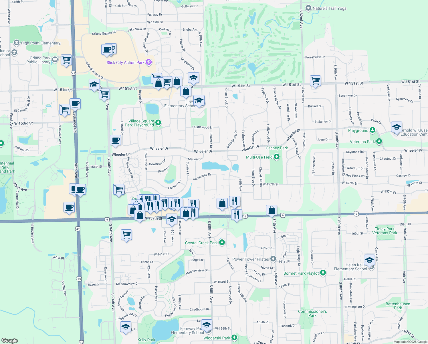 map of restaurants, bars, coffee shops, grocery stores, and more near 8808 Carnoustie Drive in Orland Park