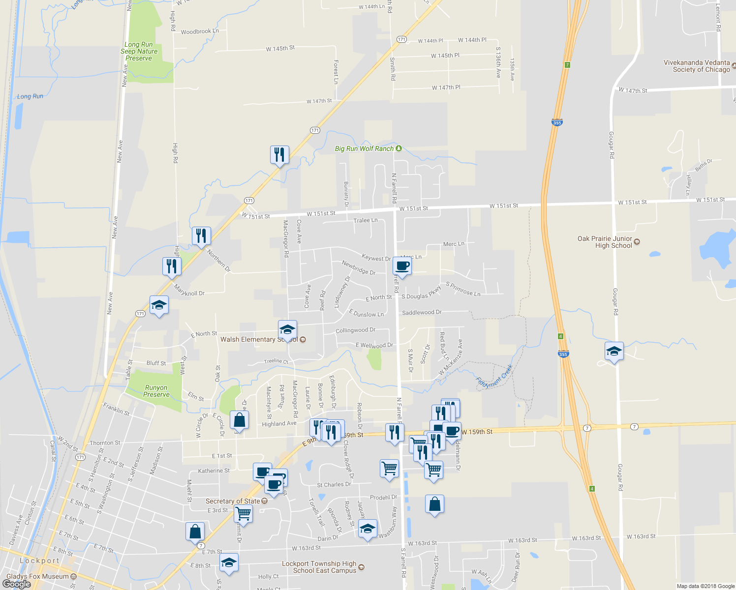map of restaurants, bars, coffee shops, grocery stores, and more near 1344 East North Street in Lockport