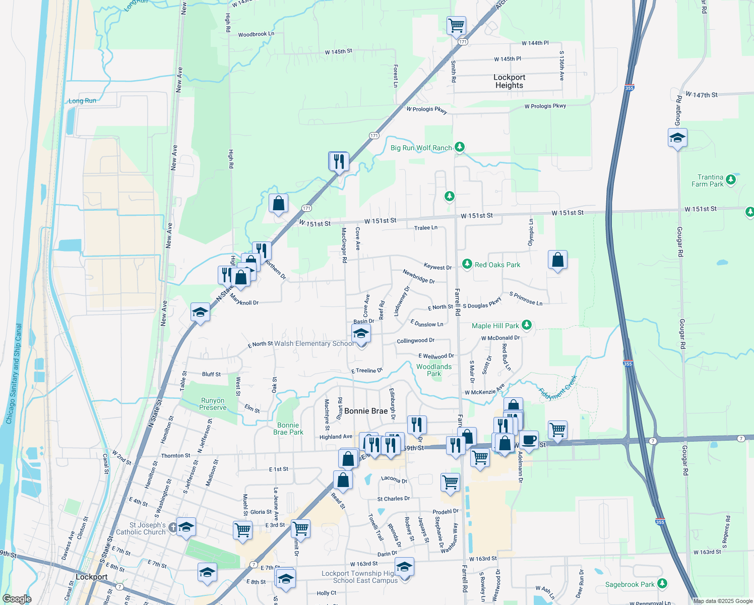 map of restaurants, bars, coffee shops, grocery stores, and more near 711 Reef Road in Lockport