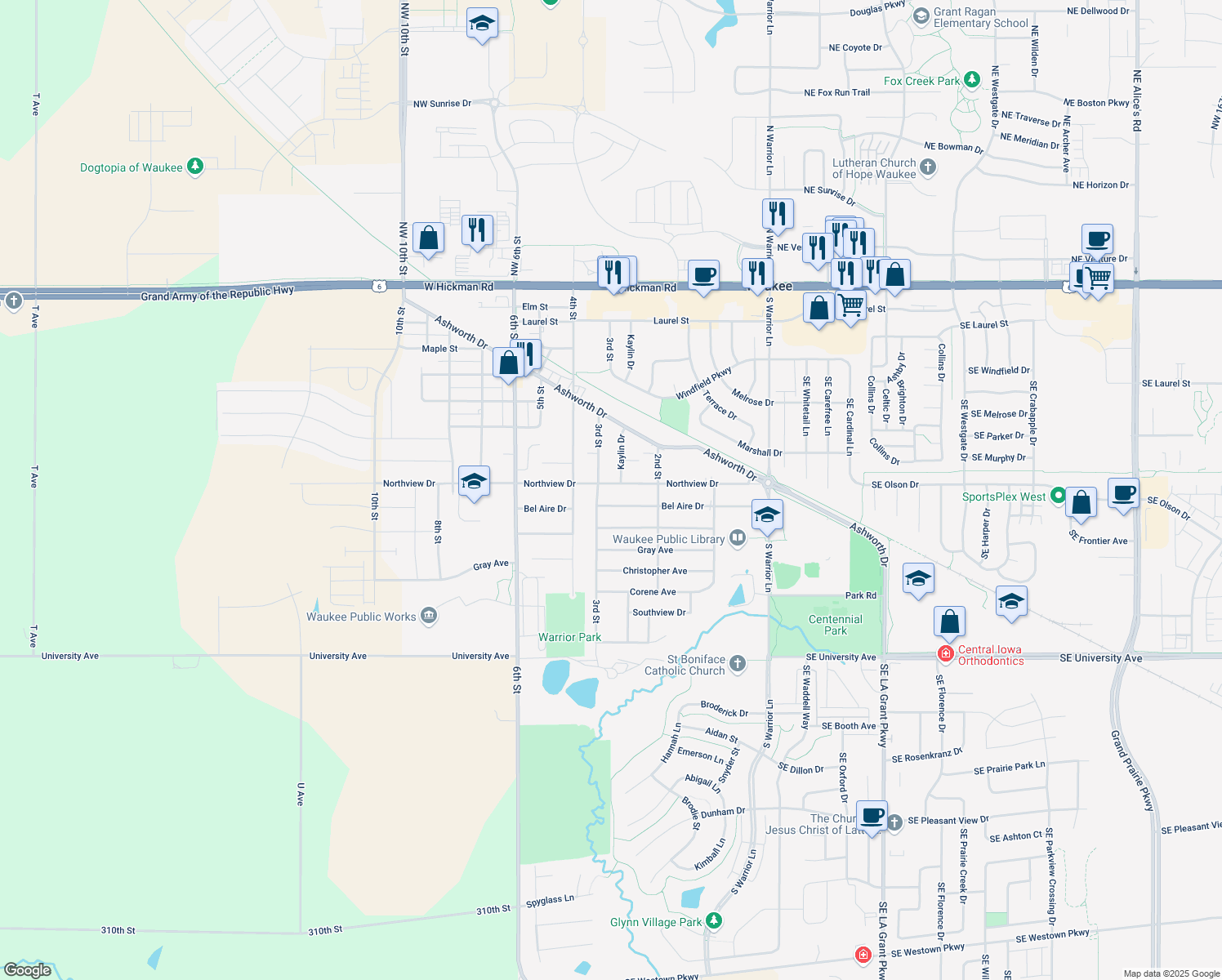 map of restaurants, bars, coffee shops, grocery stores, and more near 290 Northview Drive in Waukee
