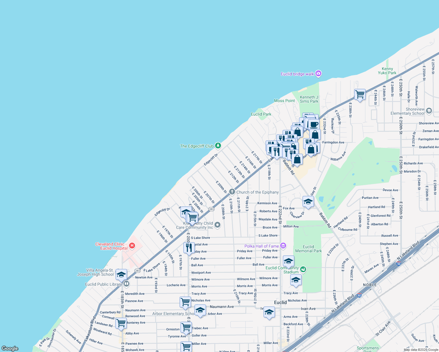 map of restaurants, bars, coffee shops, grocery stores, and more near 100 East 211th Street in Euclid