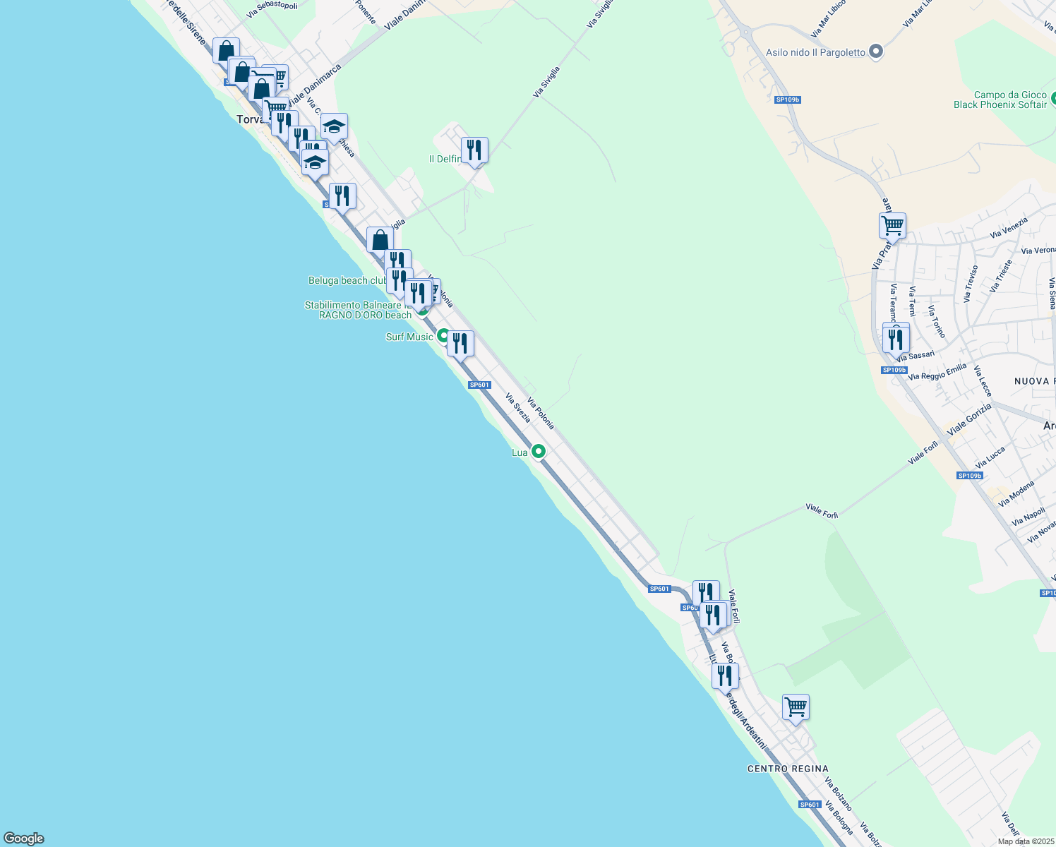 map of restaurants, bars, coffee shops, grocery stores, and more near 172 Via Svezia in Torvaianica