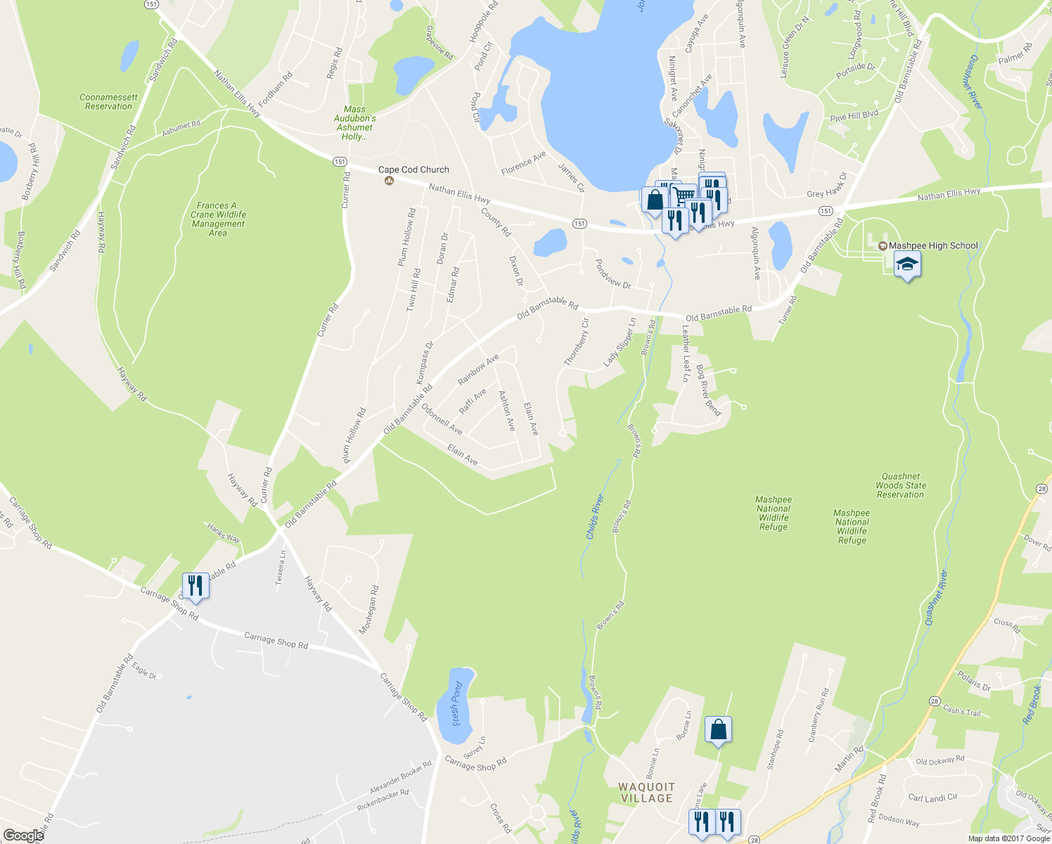 map of restaurants, bars, coffee shops, grocery stores, and more near 77 Antone Avenue in Falmouth