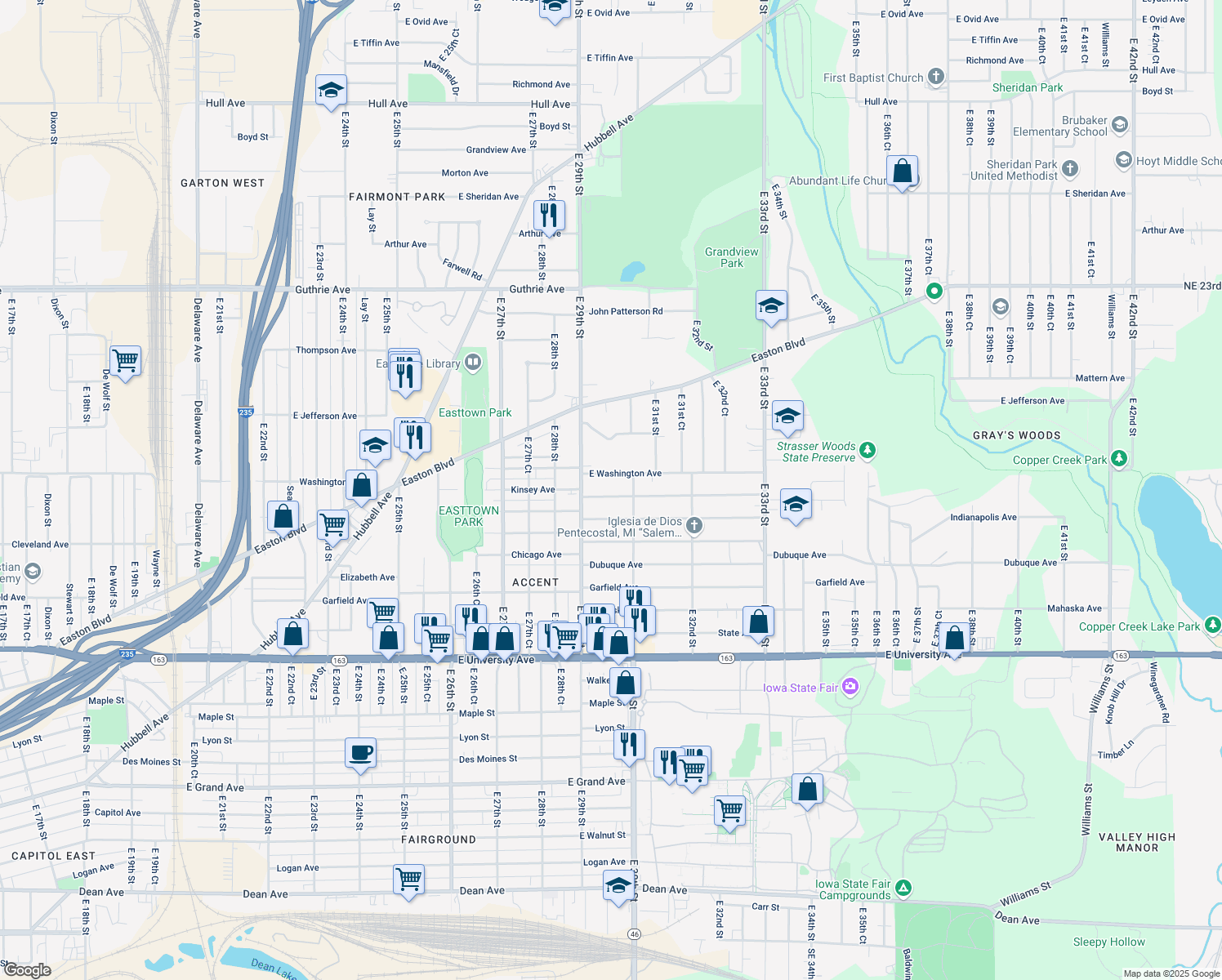 map of restaurants, bars, coffee shops, grocery stores, and more near 2936 Kinsey Avenue in Des Moines