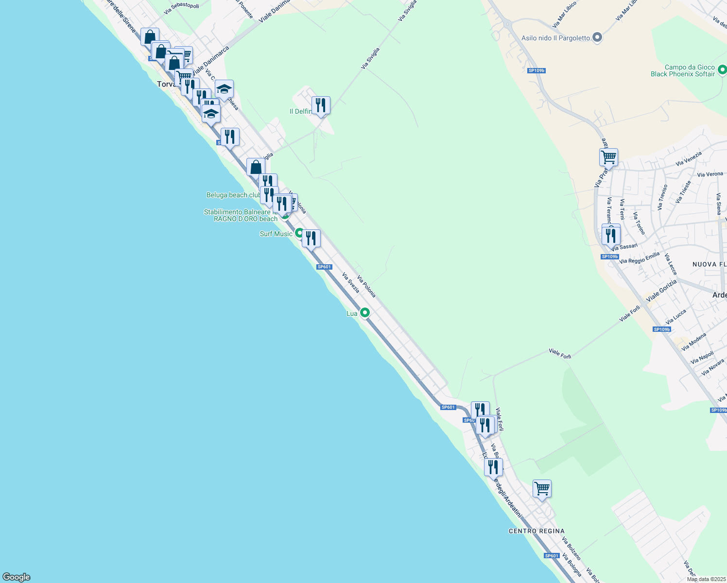 map of restaurants, bars, coffee shops, grocery stores, and more near 172 Via Svezia in Torvaianica