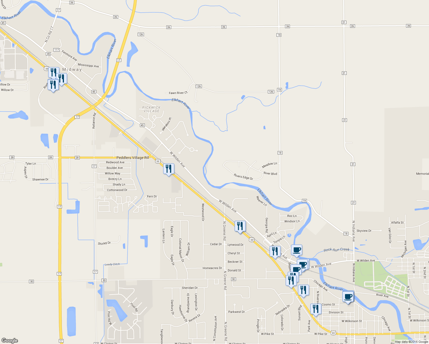 map of restaurants, bars, coffee shops, grocery stores, and more near 21033 Rivers Edge Drive in Goshen