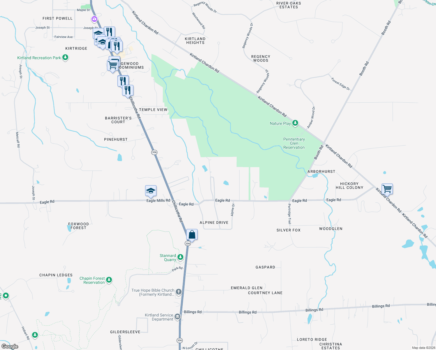 map of restaurants, bars, coffee shops, grocery stores, and more near 8341 Eagle Road in Kirtland