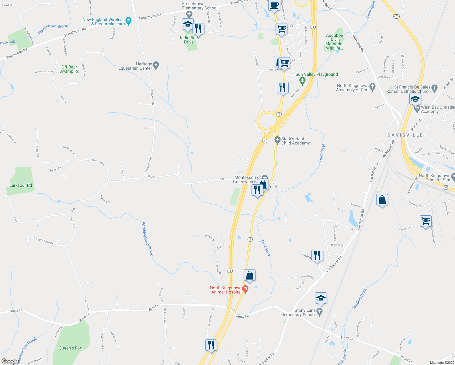 map of restaurants, bars, coffee shops, grocery stores, and more near 576 South Road in East Greenwich