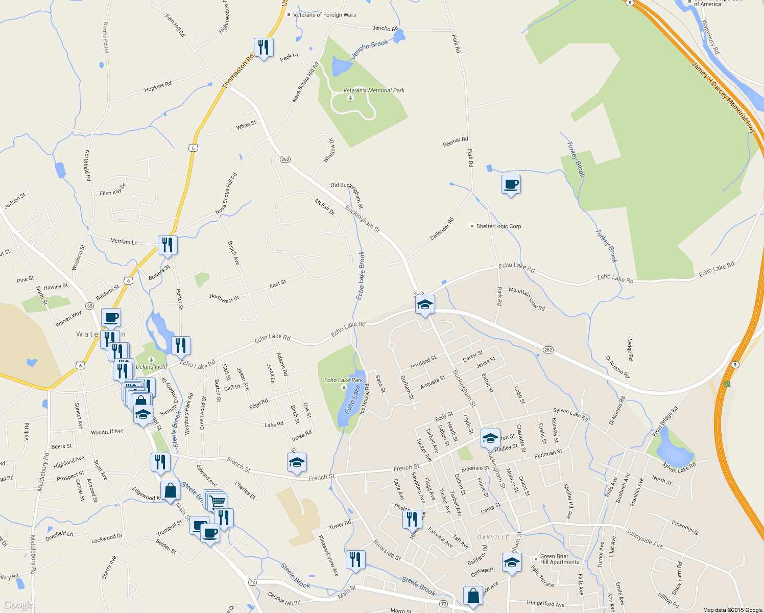 map of restaurants, bars, coffee shops, grocery stores, and more near 741 Echo Lake Road in Watertown