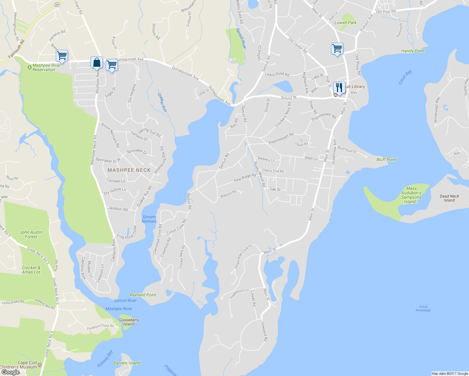 map of restaurants, bars, coffee shops, grocery stores, and more near 271 Waquoit Road in Barnstable