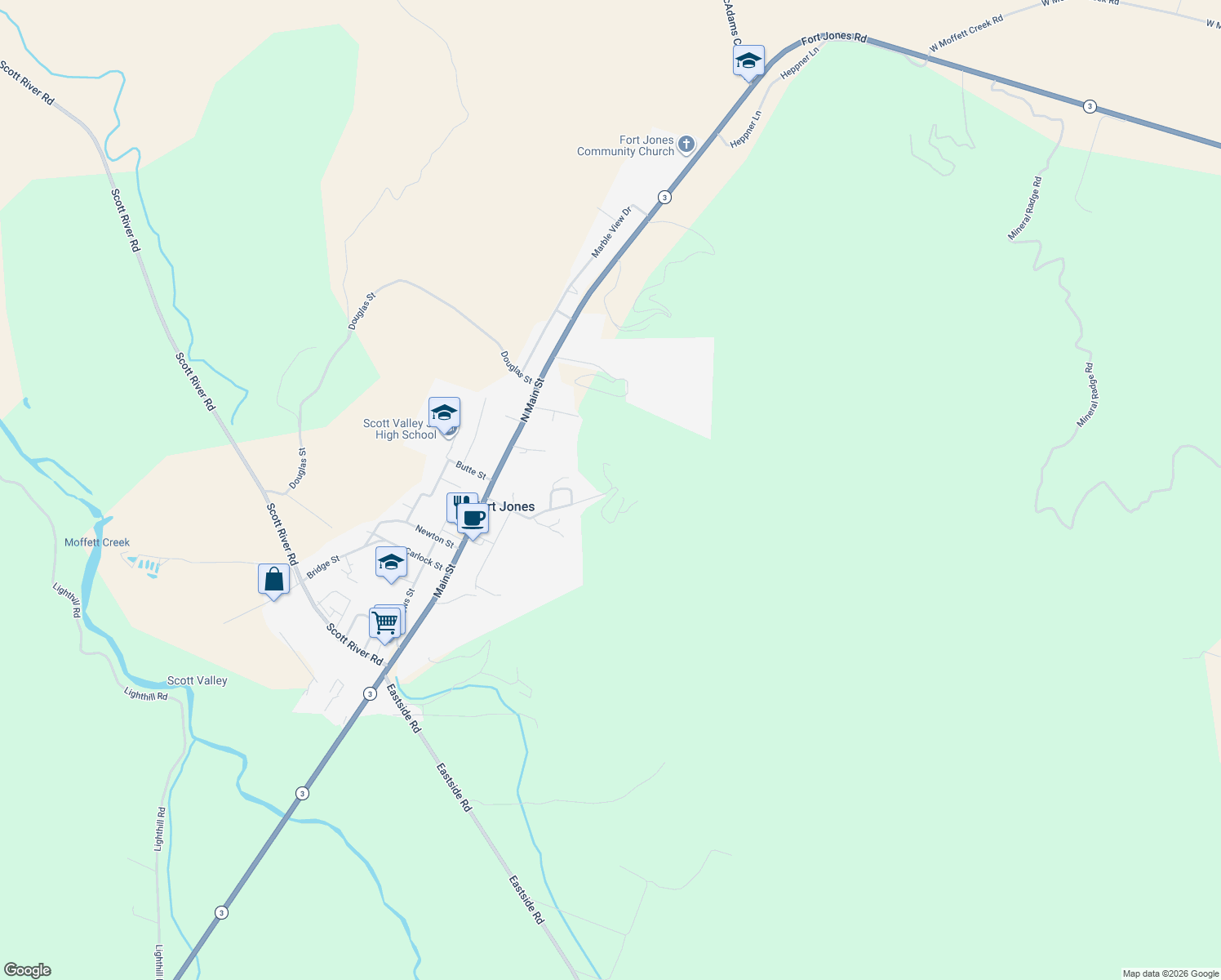 map of restaurants, bars, coffee shops, grocery stores, and more near 406 High St in Fort Jones