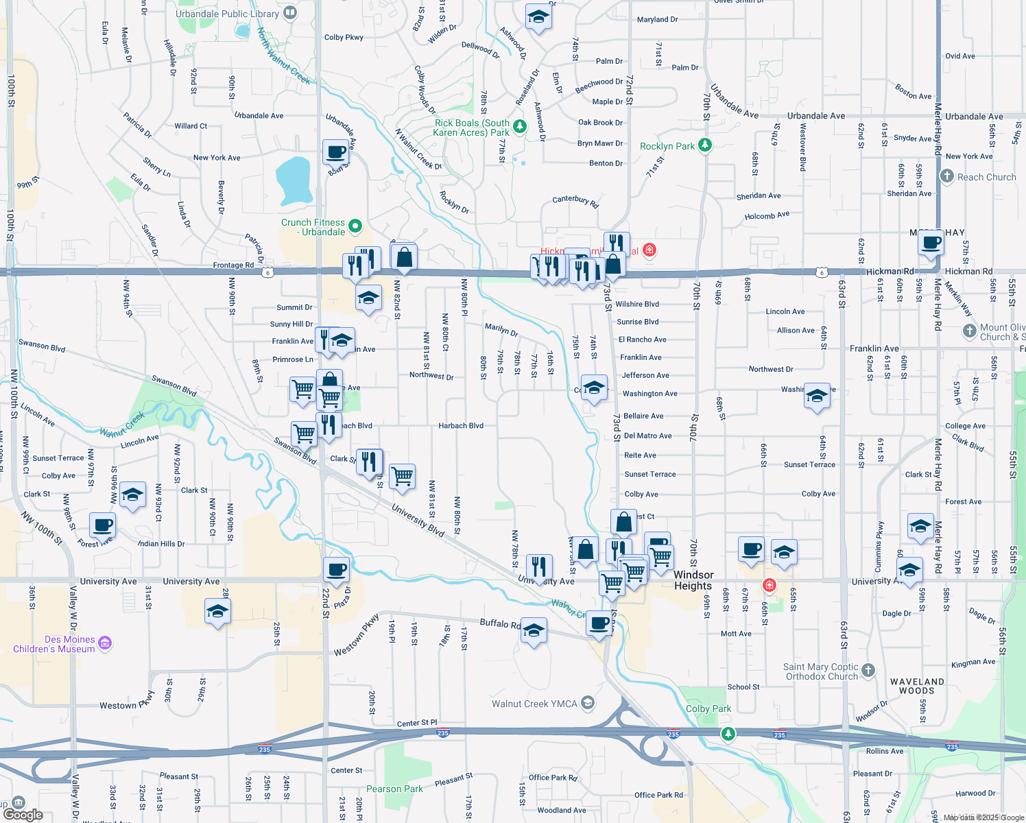 map of restaurants, bars, coffee shops, grocery stores, and more near 1704 Luin Lane in Windsor Heights
